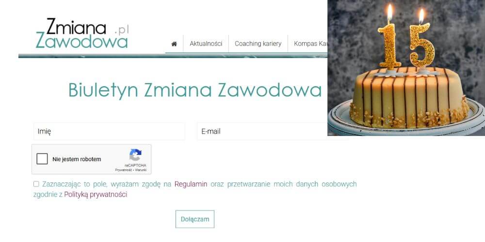 15 urodziny biuletynu Zmiana Zawodowa, tort ze świeczką "15"