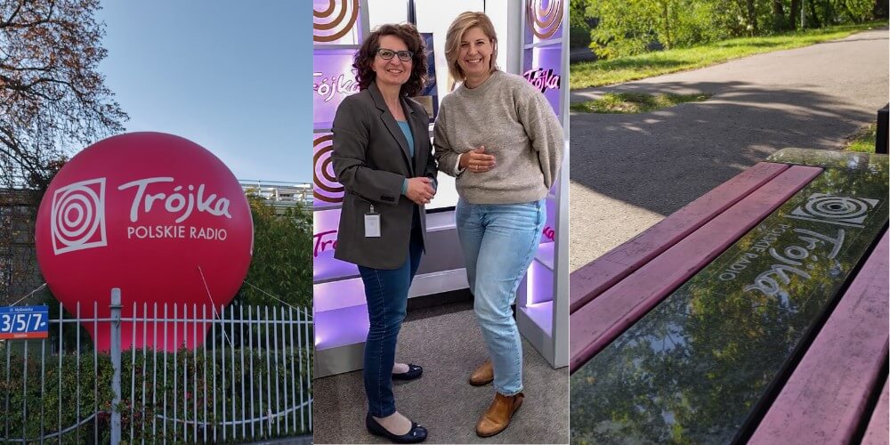 O zmianach zawodowych w radiowej Trójce; balon reklamowy radia, Justyna Ciećwierz oraz Joanna Mielewczyk w studio nagrań, ławeczka "trójkowa