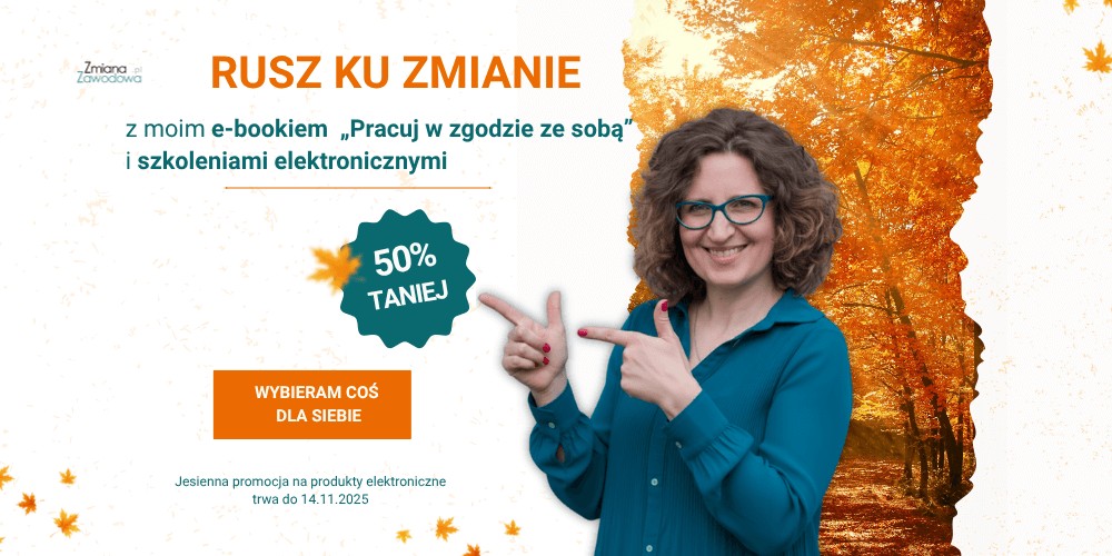 Promocja jesienno - urodzinowa Rusz ku zmianie, grafika z kobietą pokazującą obniżkę